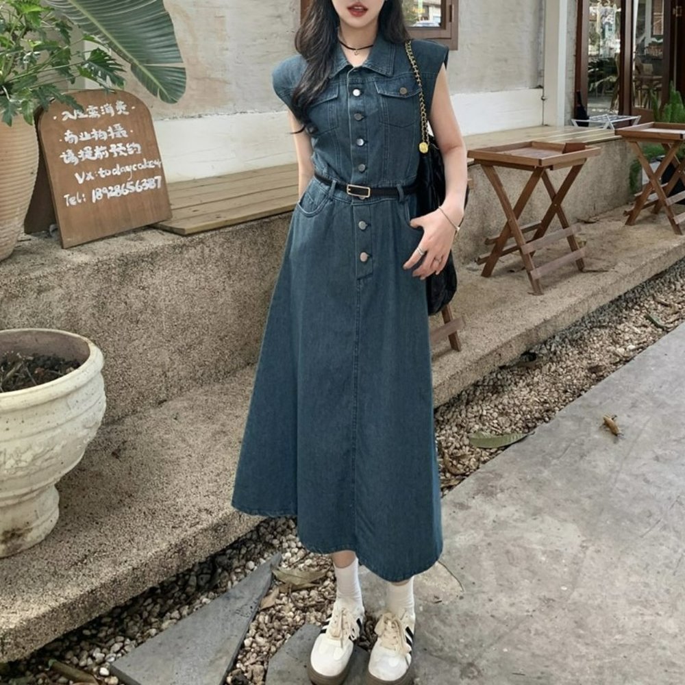 Denim Midi Dress with Belt, Denim Cargo Dress for Women